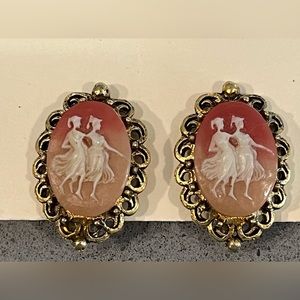 Carnelian Cameo Clip On Earrings Carved Gemstone